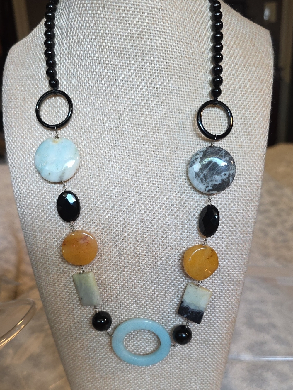 Vintage Della Rovere Italy Handcrafted Agate & Aquamarine Statement Necklace